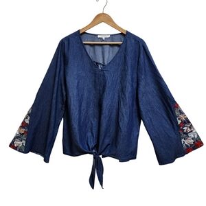 Rethm Top Womens 2XL Blue Chambray Embroidered Floral Bell Slv V Neck Tie Waist